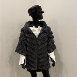 Pinko Exclusive Real Rabbit Fur Trim Wool Knit Cape Jacket Gray Size S NWT